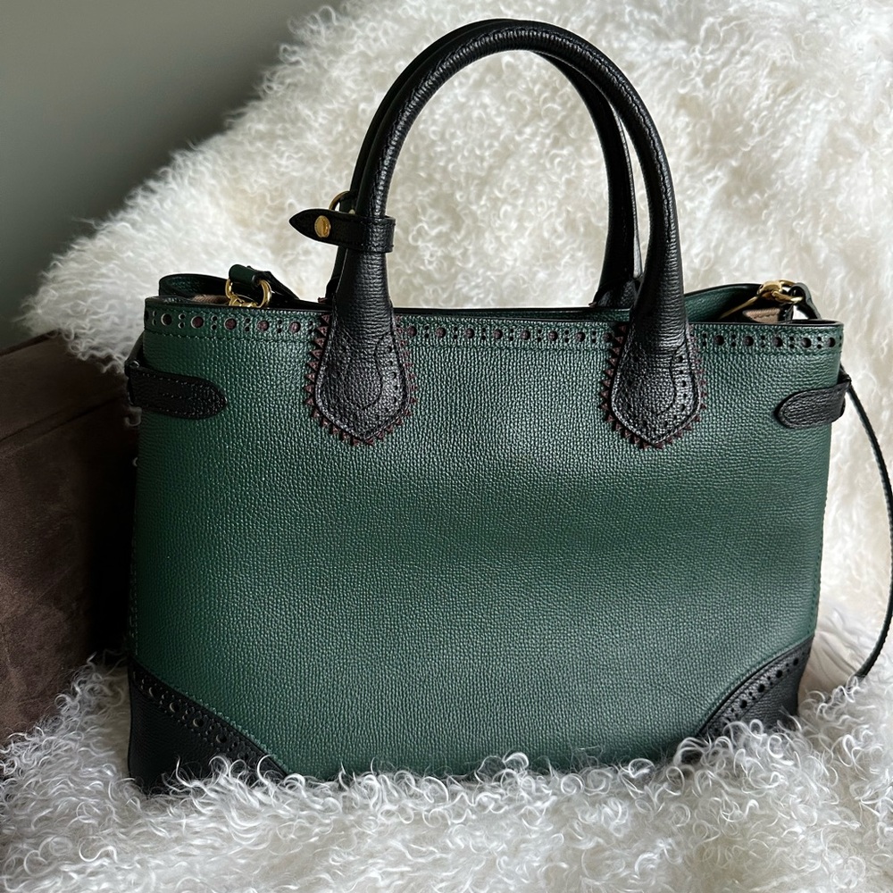 Burberry Green Leather and Check Canvas Banner Tote